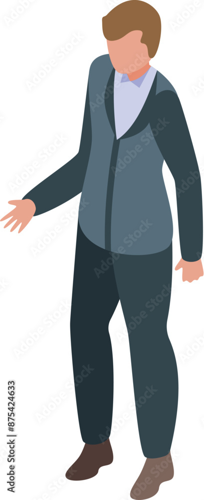 Businessman is standing and gesturing with one hand as if showing something to someone Businessman is standing and gesturing with one hand as if showing something to someone