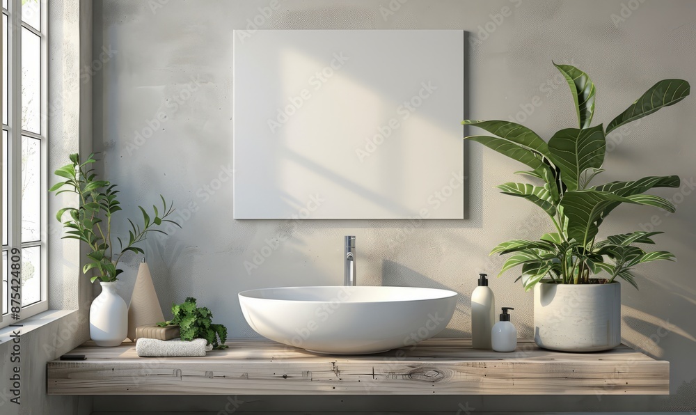 Minimalist bathroom with a blank canvas above the sink Minimalist bathroom with a blank canvas above the sink