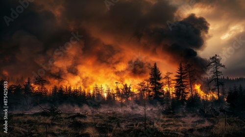A forest fire spreading rapidly, with dark smoke clouds covering the sky.