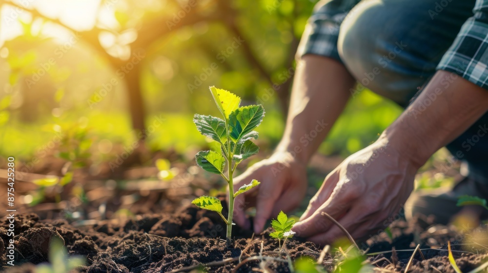 A gardener checking the soil moisture level around a young tree sapling planted in a sunny spot. A gardener checking the soil moisture level around a young tree sapling planted in a sunny spot.