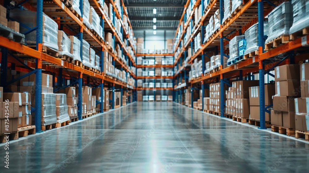Fototapeta premium Spacious warehouse with stacked shelves, boxes, and pallets. Industrial interior. Logistics and storage facility with organized inventory system.