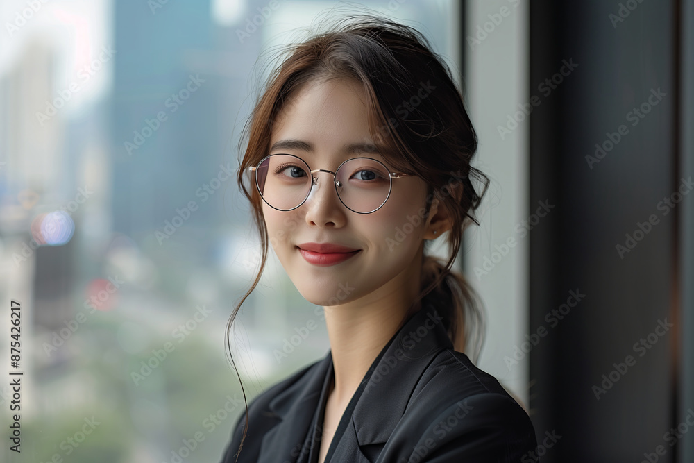 Asian woman in a suit wearing glasses looking at the view from the window. Asian woman in a suit wearing glasses looking at the view from the window.