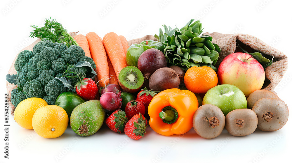 Mixed fruits and vegetables spilling from a paper bag on a white background. Concept: healthy eating, nutrition. Usable for grocery stores, dietitians, health blogs. Relevant for healthy living promo Mixed fruits and vegetables spilling from a paper bag on a white background. Concept: healthy eating, nutrition. Usable for grocery stores, dietitians, health blogs. Relevant for healthy living promo
