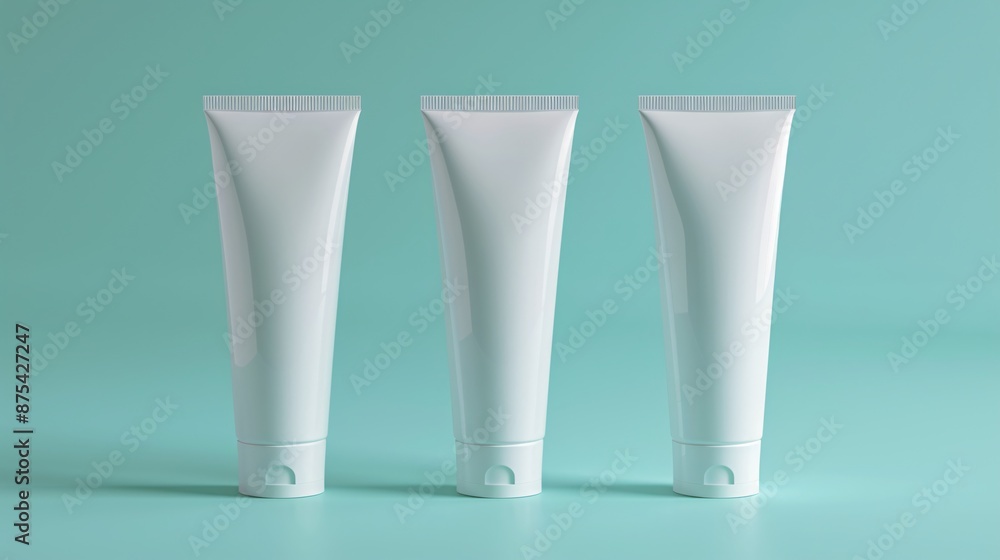 Three White Cosmetic Tubes on a Light Blue Background - Minimalist Skincare Packaging Design Three White Cosmetic Tubes on a Light Blue Background - Minimalist Skincare Packaging Design