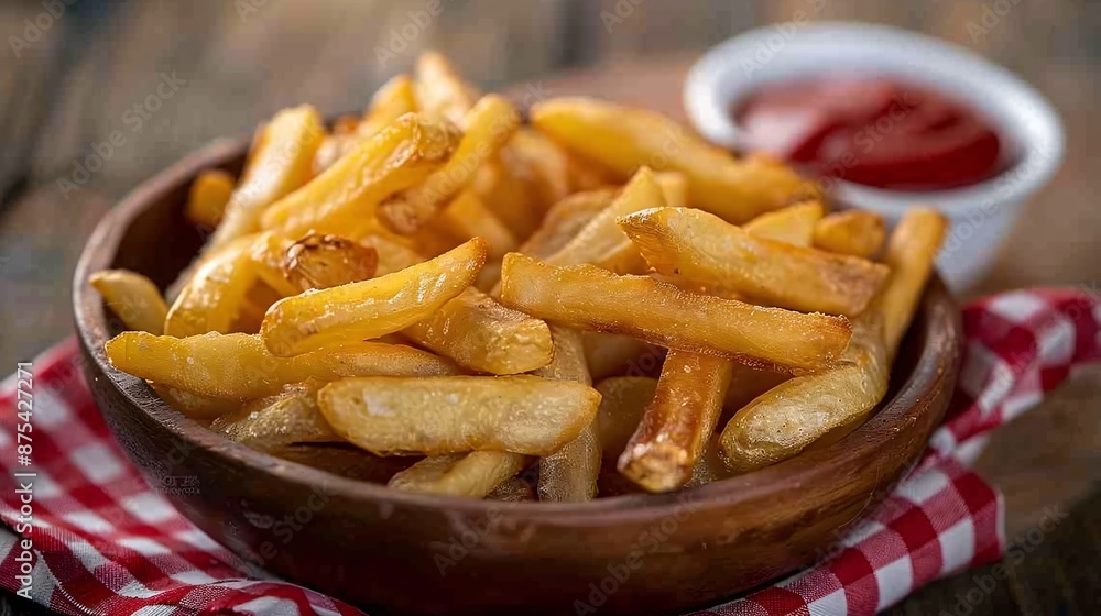 Delicious Golden French Fries in Wooden Bowl with Ketchup on Checkered Cloth Delicious Golden French Fries in Wooden Bowl with Ketchup on Checkered Cloth