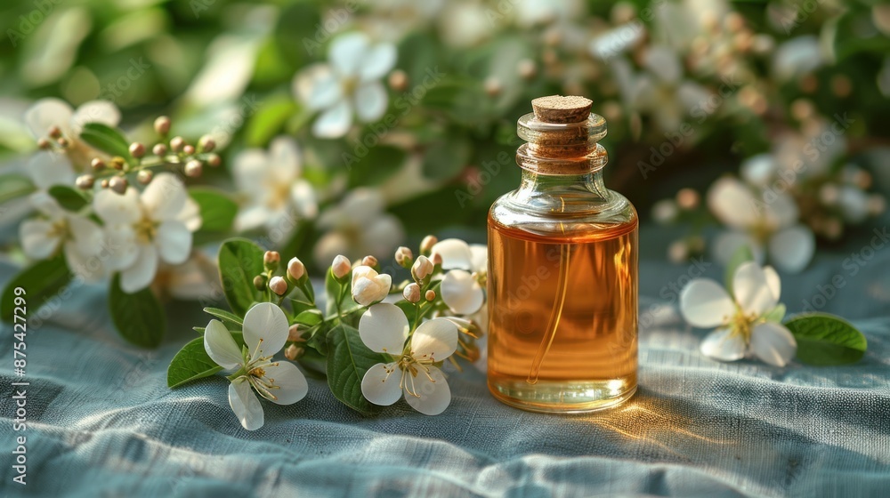 Essential Oil Bottle Surrounded by White Flowers Essential Oil Bottle Surrounded by White Flowers