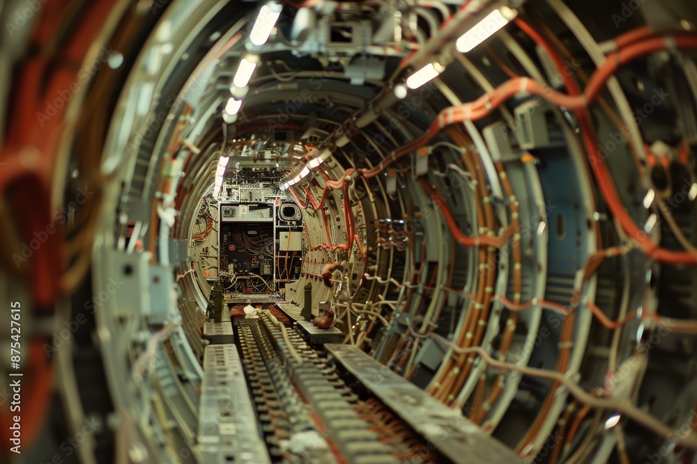 Obraz premium Intricate Aircraft Wiring and Cabling Installation Inside Fuselage - Aviation Engineering