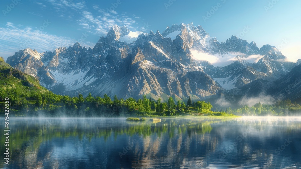 Fototapeta premium Snow-capped jagged mountains, serene lake with clear reflection, lush green trees, morning mist, blue sky with wispy clouds, pristine nature, idyllic landscape.