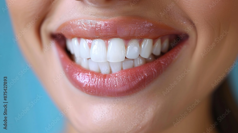 Close-Up of a Smiling Woman with Perfect White Teeth and Glossy Lips Against a Blue Background Close-Up of a Smiling Woman with Perfect White Teeth and Glossy Lips Against a Blue Background