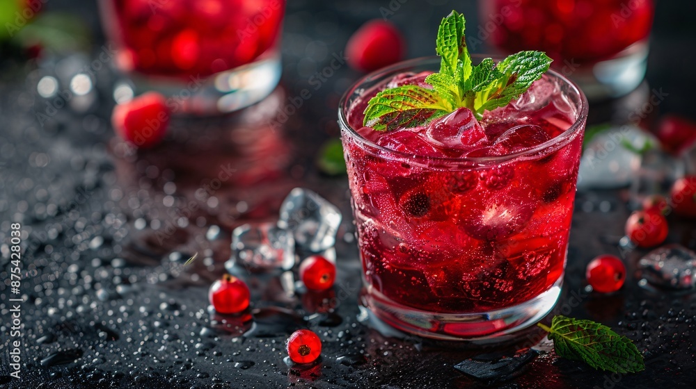 Refreshing Cranberry Cocktail with Ice and Mint Garnish on a Dark Background Refreshing Cranberry Cocktail with Ice and Mint Garnish on a Dark Background