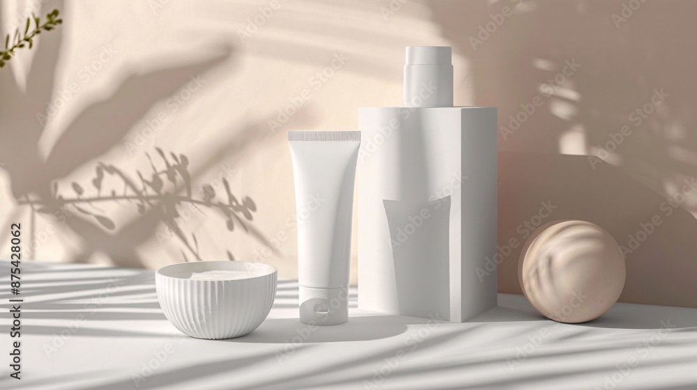 Minimalist Skincare Product Display with Shadows and Natural Light on Neutral Background Minimalist Skincare Product Display with Shadows and Natural Light on Neutral Background