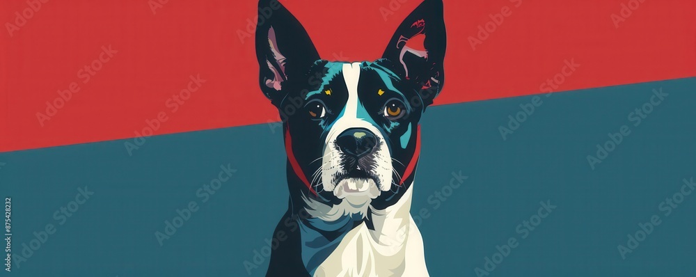 Close-up portrait of a black and white dog with a red background. Close-up portrait of a black and white dog with a red background.