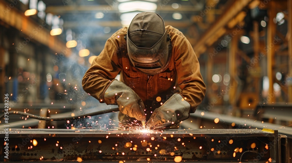 Skilled Worker Welding Metal in Industrial Factory with Sparks Flying Around Skilled Worker Welding Metal in Industrial Factory with Sparks Flying Around