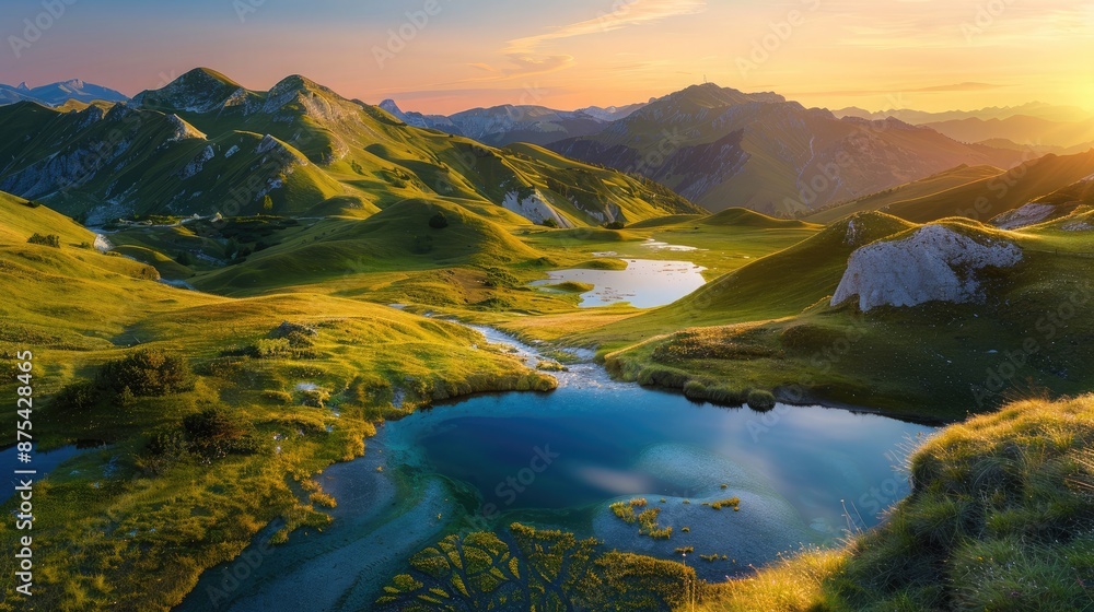 Obraz premium A tranquil mountain range with rolling hills and clear blue streams, under a golden sunset.