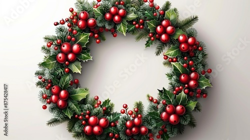 Christmas Wreath with Red Berries and Green Leaves photo