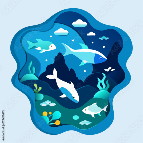 Marine pollution vector illustration in paper art style (3)