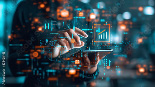 Digital banking, with a businessman managing online banking and payments, finance, and banking networks. Focus areas include AI, fintech, customer networking, digital marketing, cybersecurity