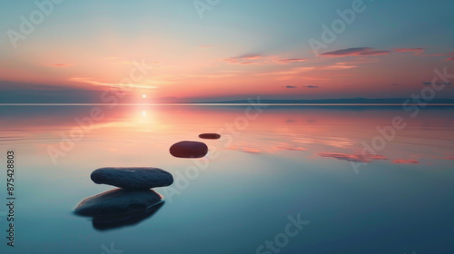Nice rocks are floating on the surface of a calm body of water. The sun is setting in the background, casting a warm glow over the scene