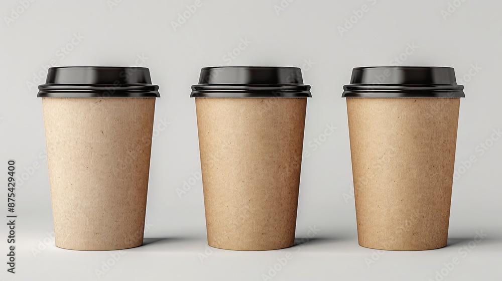 Three Disposable Coffee Cups with Black Lids in a Row on White Background Three Disposable Coffee Cups with Black Lids in a Row on White Background
