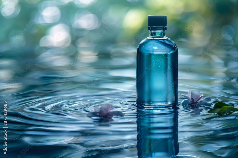 mockup of a blue bottle for cosmetics lying on a calm water surface