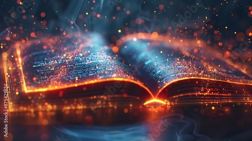 Enchanted Open Book with Glowing Text and Magical Sparks in a Mystical Atmosphere