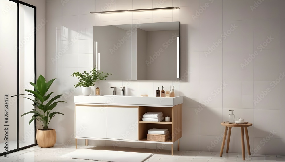 A small bathroom with white tiles, a glass shower enclosure, a simple vanity with a mirror, and neatly arranged toiletries. A small bathroom with white tiles, a glass shower enclosure, a simple vanity with a mirror, and neatly arranged toiletries.