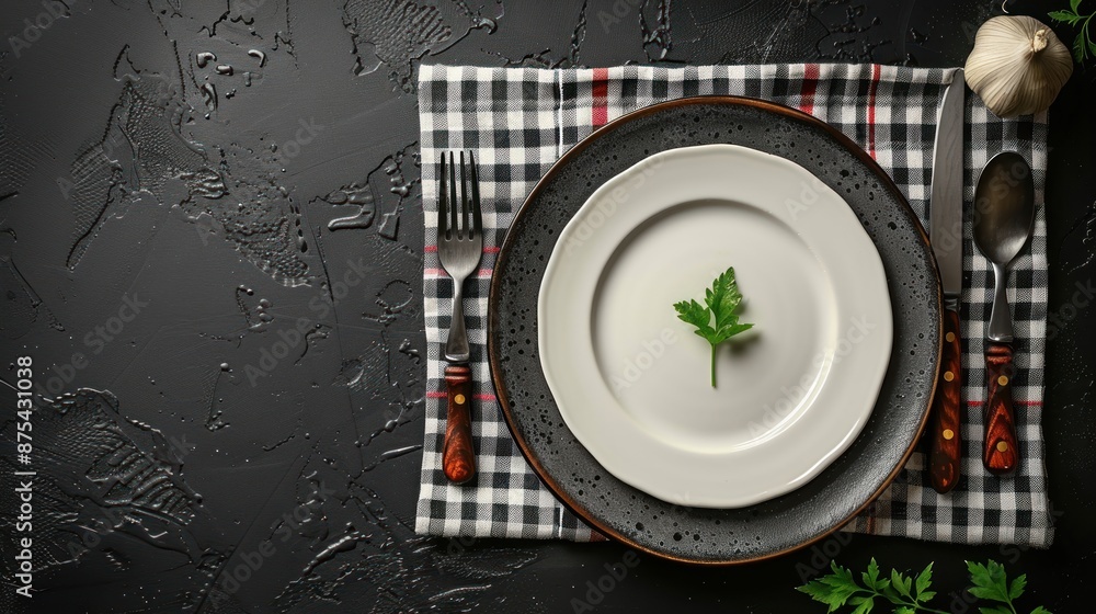 Empty Plate with Parsley and Cutlery on a Checkered Napkin Empty Plate with Parsley and Cutlery on a Checkered Napkin