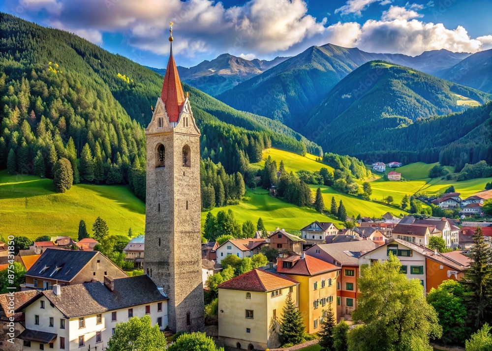 Fototapeta premium Majestic Zwölferturm tower stands tall in medieval town of Sterzing, Vipiteno, South Tyrol, Italy, surrounded by colorful historic buildings and lush green mountains.