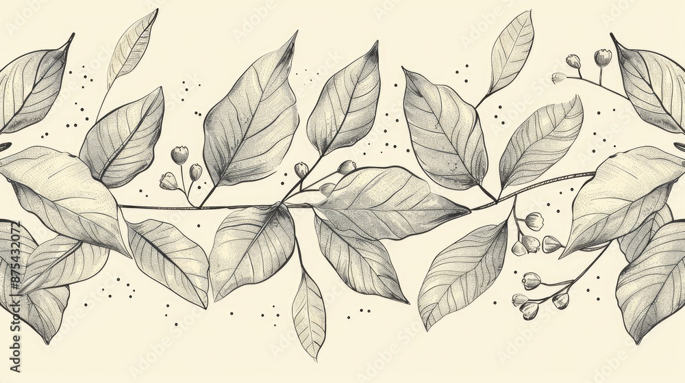 Hand drawn horizontal leaf and bud decorative design with dashed lines and labels Hand drawn horizontal leaf and bud decorative design with dashed lines and labels