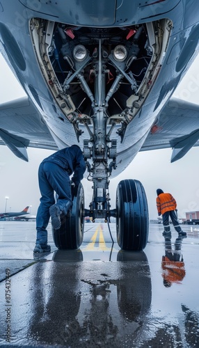 Aircraft Maintenance Crew Inspecting Landing Gear at Airport on Rainy Day for Mechanical Safety Checks photo