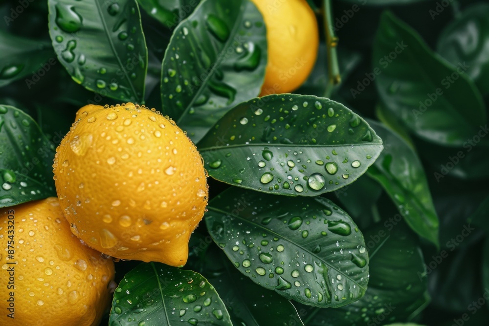 Fresh Lemons with Dew on Leaves Fresh Lemons with Dew on Leaves