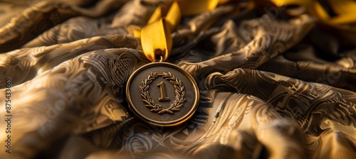 First Place Gold Medal on Silk Fabric with Award Ribbons and Trophies in Background - Perfect for Celebratory Design photo