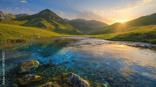 A tranquil mountain range with rolling hills and clear blue streams, under a golden sunset. © UMAR SALAM