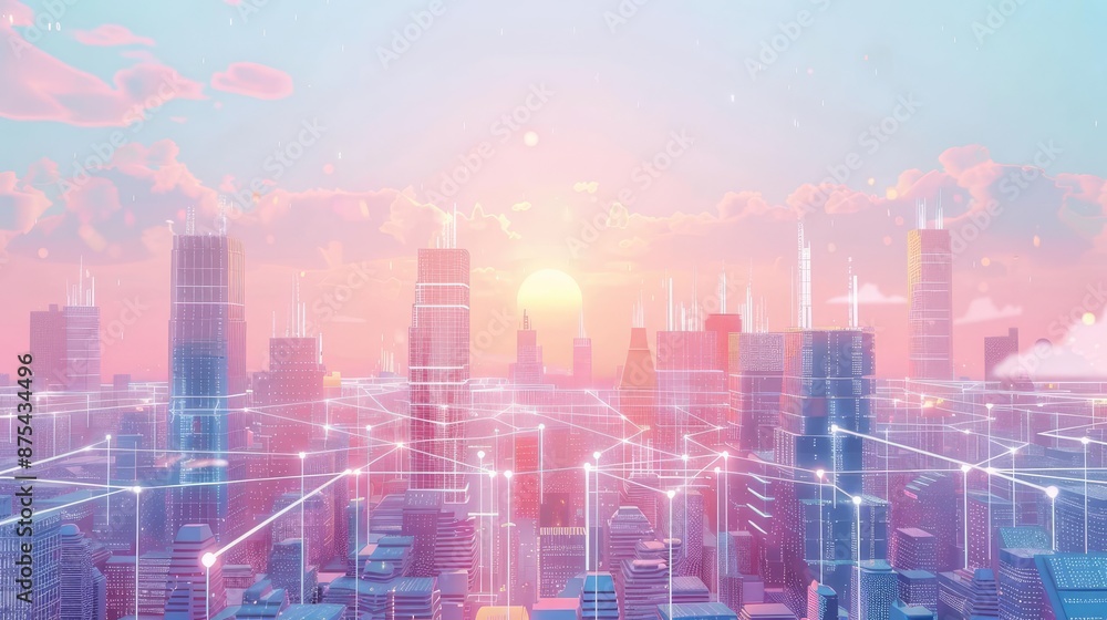 Fototapeta premium Futuristic cityscape with global digital links, urban connectivity, pastel colors, [future city]