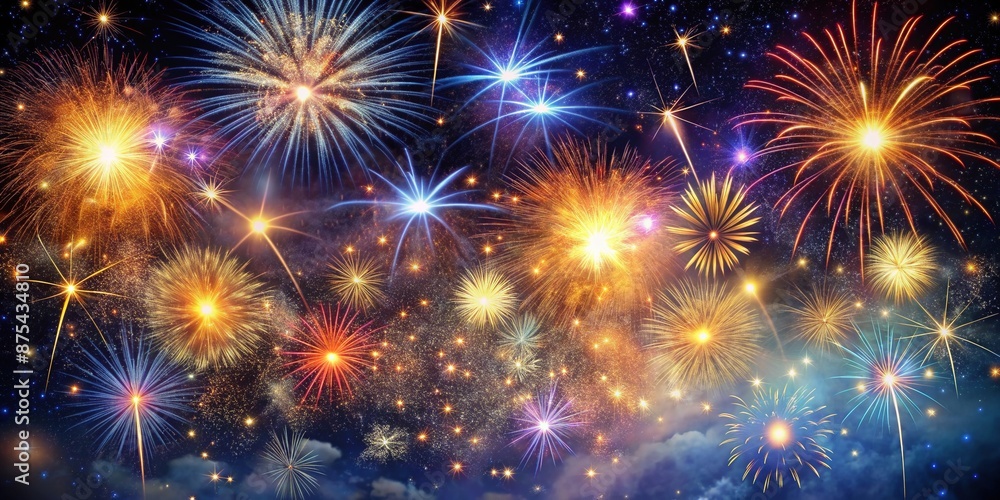 Fototapeta premium Vibrant celestial explosion of twinkling stars and sparkling fireworks illuminates the dark night sky, providing a stunning background with ample space for text or design.