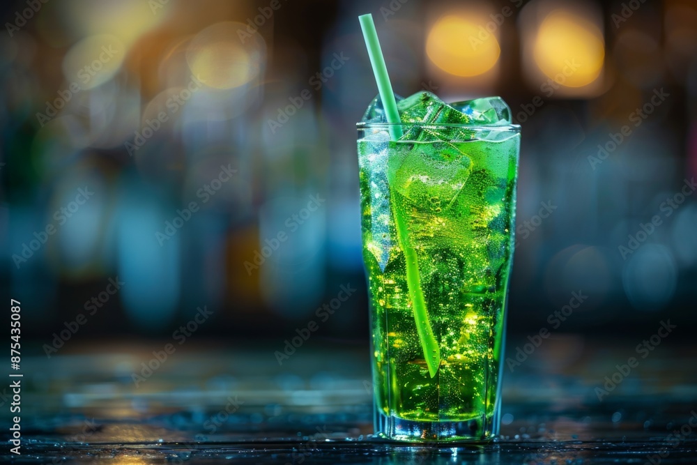 Green cocktail on bar counter Green cocktail on bar counter