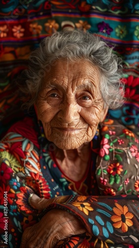 Close-up of an elderly Mexican woman with a gentle smile