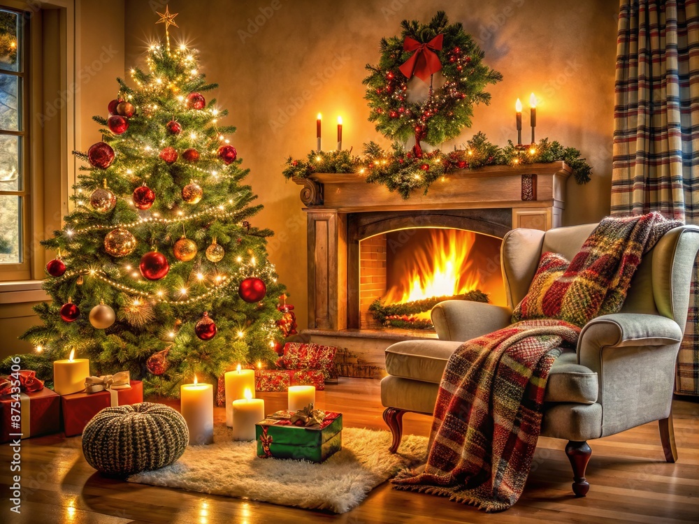Warm and inviting holiday atmosphere: softly lit living room with crackling fireplace, decorated Christmas tree, and plush throw blankets on a cold winter evening. Warm and inviting holiday atmosphere: softly lit living room with crackling fireplace, decorated Christmas tree, and plush throw blankets on a cold winter evening.