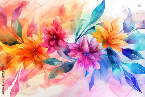 Watercolor floral design with colorful petals and leaves, perfect for abstract digital art concepts. © abdur
