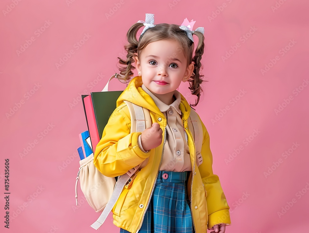 Little girl in school uniform, backpack and books on pink backdrop, yellow jacket, pastel colors, studio shot, happy. Little girl in school uniform, backpack and books on pink backdrop, yellow jacket, pastel colors, studio shot, happy.
