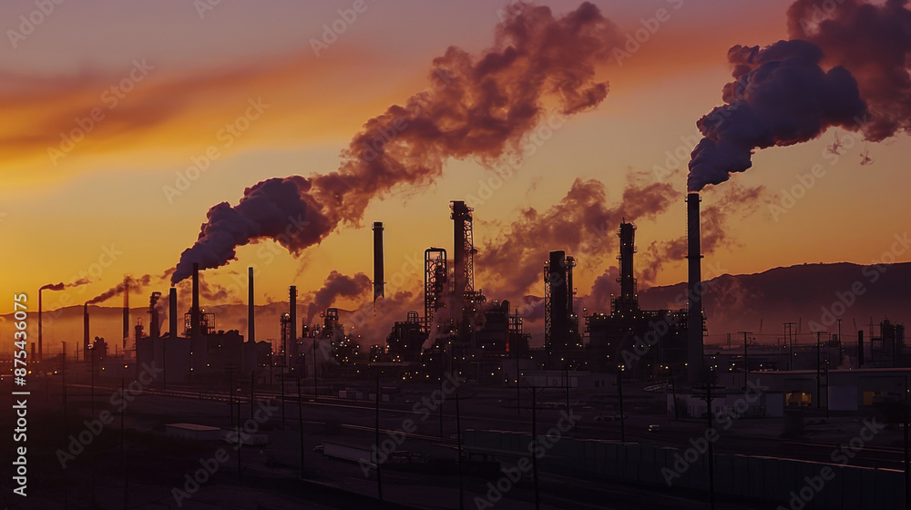 An industrial plant against the background of a fading sky, blowing clouds of smoke against the background of a fading sky. Concept of industrial progress and ecology. An industrial plant against the background of a fading sky, blowing clouds of smoke against the background of a fading sky. Concept of industrial progress and ecology.