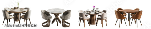 set of modern wood style dining tables with chairs isolated on transparent background