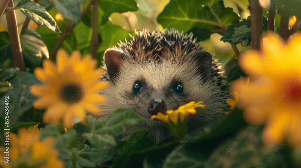 A hedgehog is in a field of yellow flowers. Generate AI image A hedgehog is in a field of yellow flowers. Generate AI image