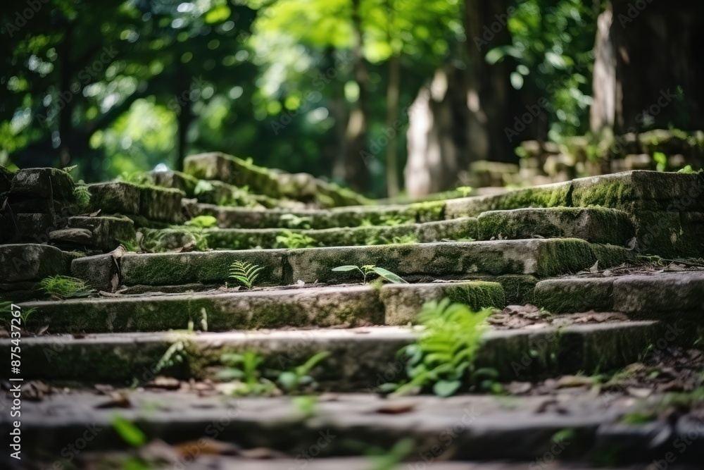 Realistic photo of an ancient stone staircase in the forest Realistic photo of an ancient stone staircase in the forest