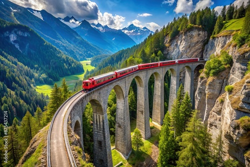 Vibrant red train traverses iconic Landwasser Viaduct bridge, surrounded by lush green mountains and serene valley, in the Albula/Bernina region of Switzerland, Europe. photo