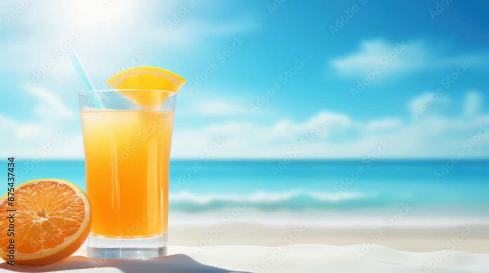 beautiful beach with a slice orange and a glass of juice beautiful beach with a slice orange and a glass of juice