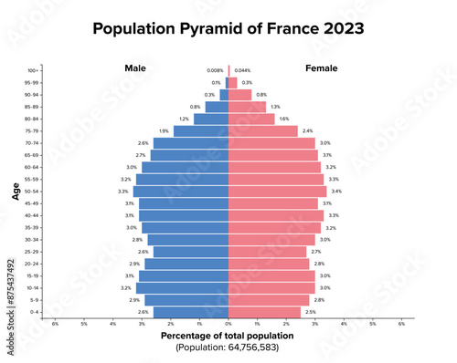 Population pyramid of France 2023. Age structure diagram and graphical illustration of the distribution of aömost 65 million people, divided into females and males, quoted in percent and 4-year steps.