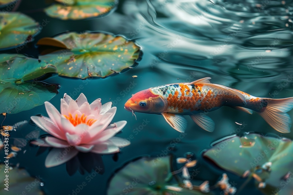 Koi fish swimming in pond with water lilies Koi fish swimming in pond with water lilies