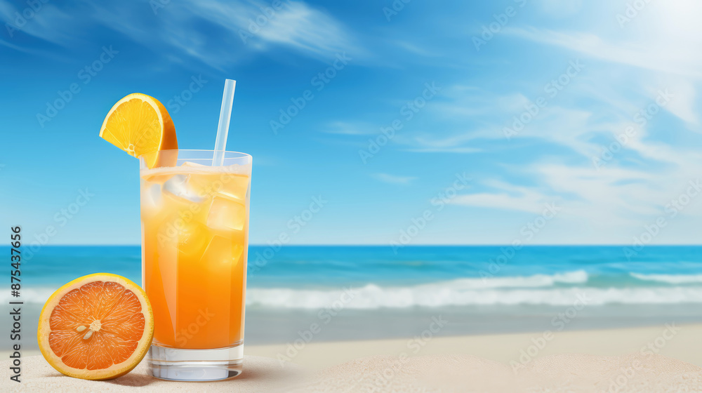 beautiful beach with a slice orange and a glass of juice beautiful beach with a slice orange and a glass of juice
