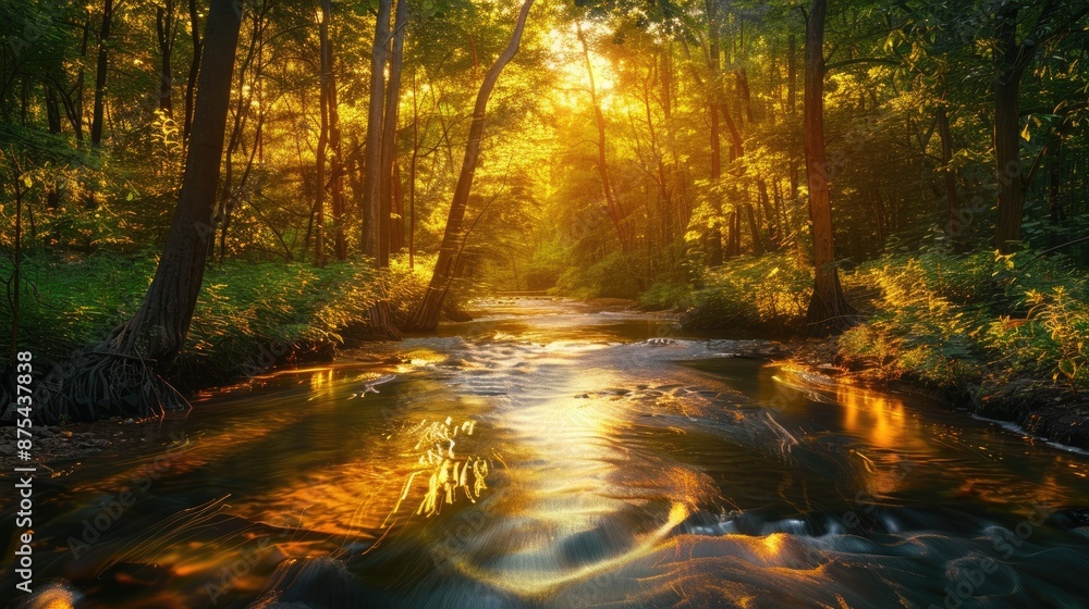 Fototapeta premium A tranquil river flowing through a dense forest at sunset, with golden light filtering through the trees.